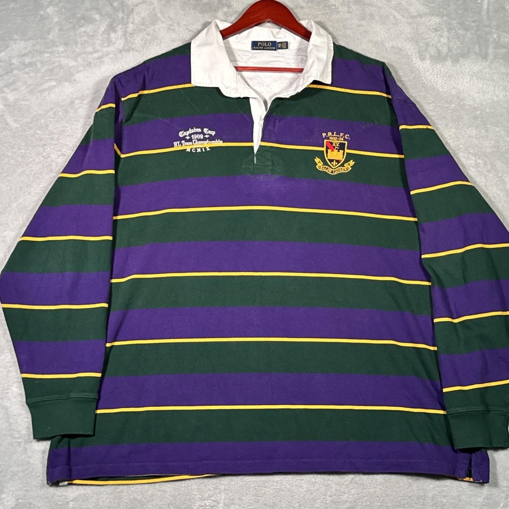 Polo Ralph Lauren Rugby Shirt Mens 3XB 3XL Big Purple Stripe Long Sleeve *FLAW